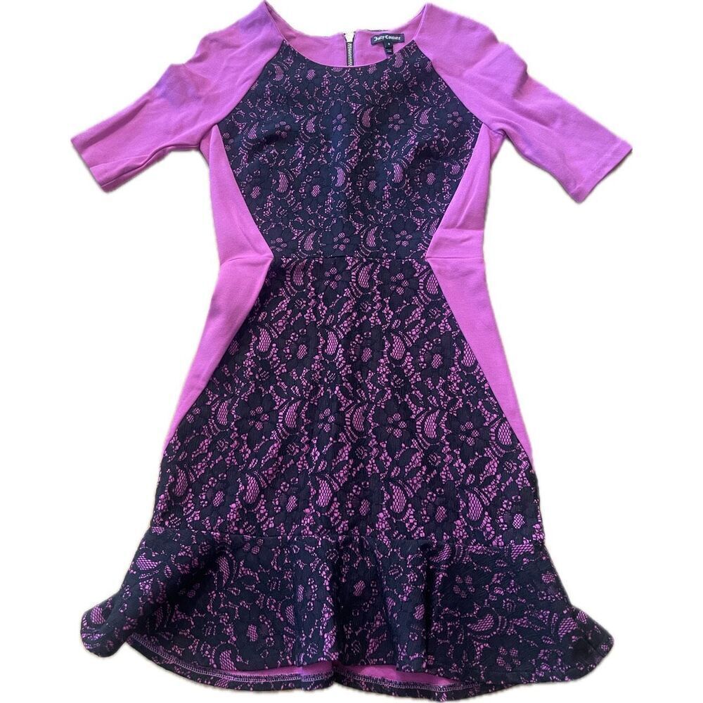 Juicy Couture Hot Pink and Black Lace Retro Dress Scoop Neck Stretch Knit Women’